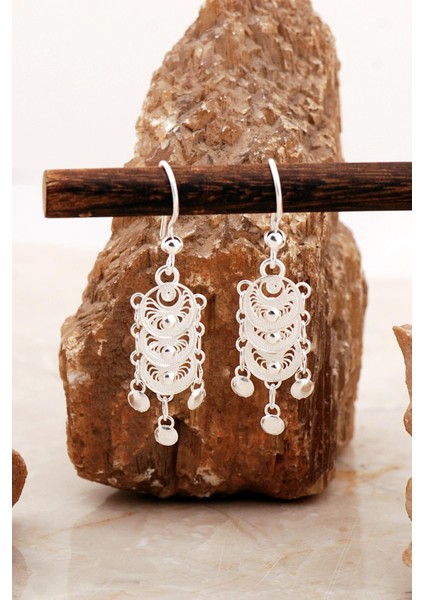 Telkari Işlemeli Elişi Küçük Boy Pullu Gümüş Küpe 7000