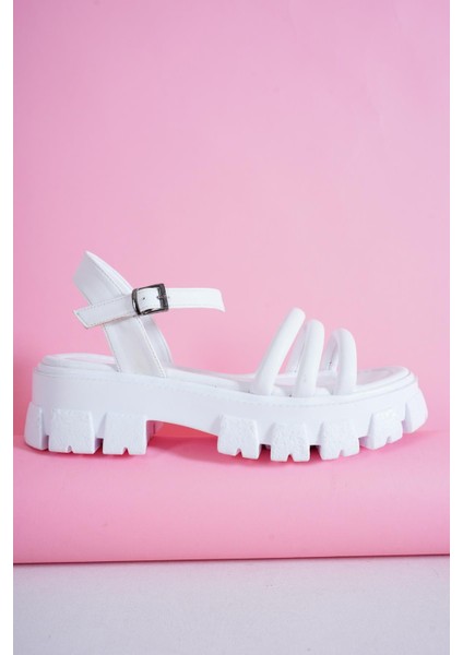 Kadın Munby Beyaz Yüksek Taban Bilekten Bağlama Biyeli Terlik&sandalet PRD04