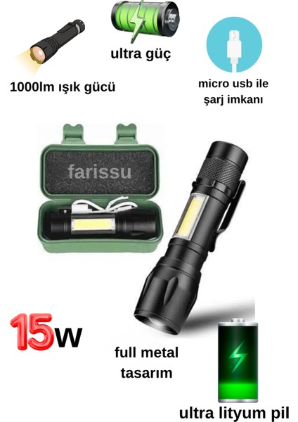 15W 1000LM Mini Zomlu Flaşörlü Ful Metal Suya Karşı Dayanıklı El Feneri