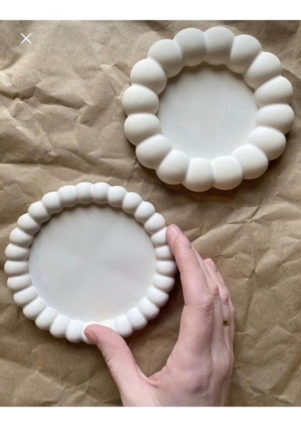 Beyaz Bubble 2’li Dekoratif Beton Tabak Takı Tabağı Bardak Altlığı Beton Yuvarlak 2