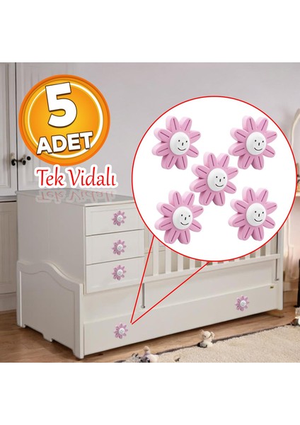 Plastik Papatya Gülücüklü 5 Adet Pembe Renk Mobilya Çoçuk Odası Dolabı Kapak Kulpu Çekmece Kulbu