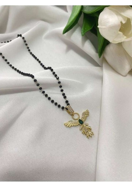 Çelik Kristal Boncuklu Anka Kuşu Kolye | Zirkon Taşlı Altın Renk