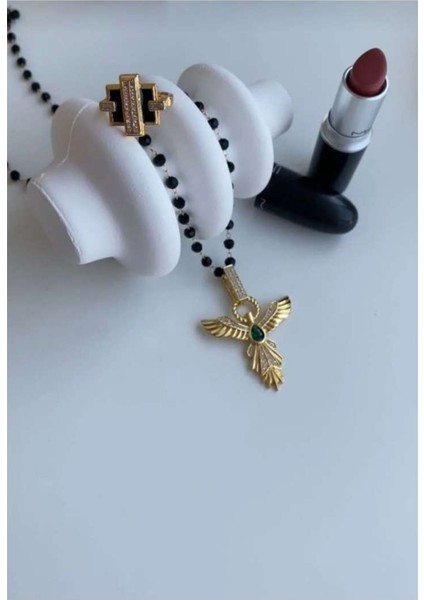 Çelik Kristal Boncuklu Anka Kuşu Kolye | Zirkon Taşlı Altın Renk modelleri