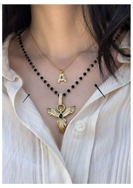 Çelik Kristal Boncuklu Anka Kuşu Kolye | Zirkon Taşlı Altın Renk indirimleri