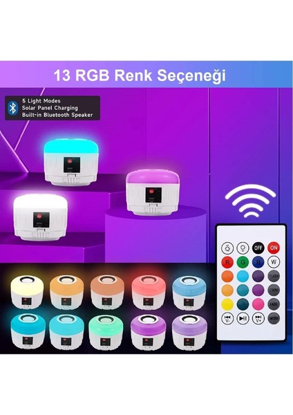 Solar Güneş Enerjili Kamp Çadır Lambası Işığı Bluetooth Hoparlör Rgb LED Kumandalı Aydınlatma