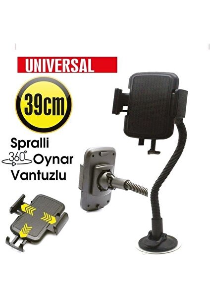 Telefon Tutucu Cam ve Torpido Üstü (360 Derece Dönerli) (Vantuzlu-Spiralli) (39 Cm)