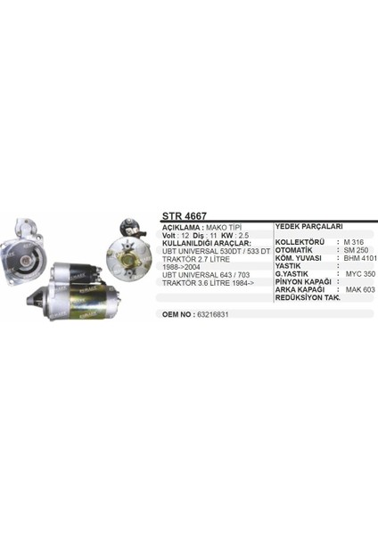 Marş Motoru 12V 11T Fiat Universal Traktor