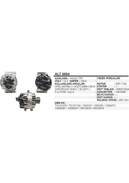 Alternator 12V 120A Astra J 1.3 Cdti 2009>