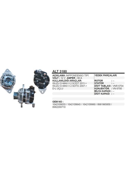 Alternator 12V 90A Isuzu Dmax 2011 > L Uclu