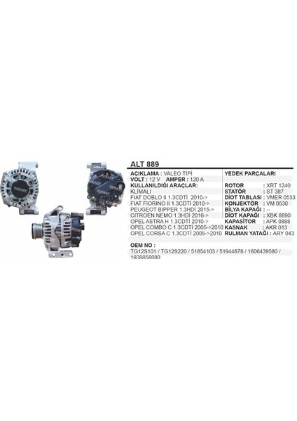 Alternator 12V 120A Combo Doblo 1.3 Cdt