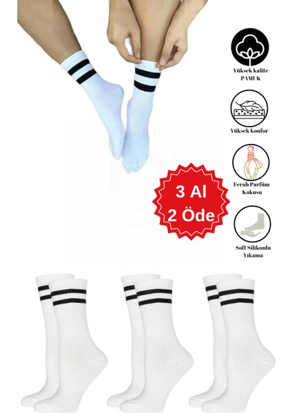 Premium Natural Socks Bambu  Beyaz Tenis Kolej Çizgili Premium Kutulu Dikişsiz Soket Çorap 3'lü