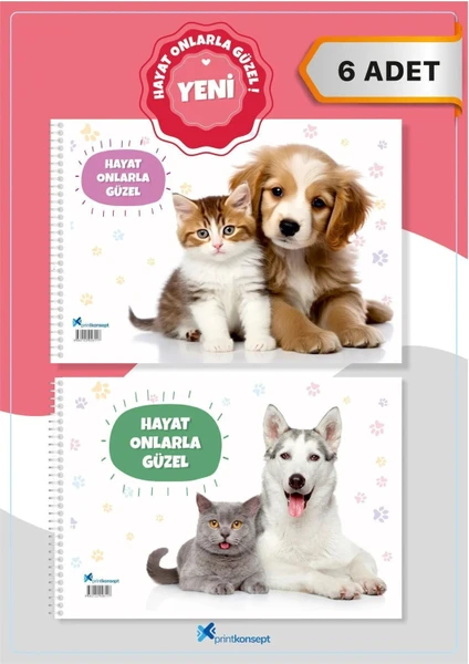 Printkonsept 6 Adet Spiralli Resim Defteri, Kedi ve Köpek Desenli 15 Yaprak Ölçü:17*24