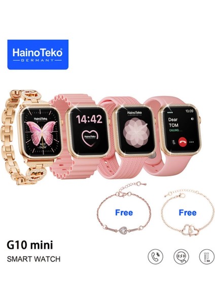 Altın Haino Teko Germany G10 Mini  Akıllı Saat 4 Kordon 2 Adet Bileklik Hediyeli Ithalatçı Garantil