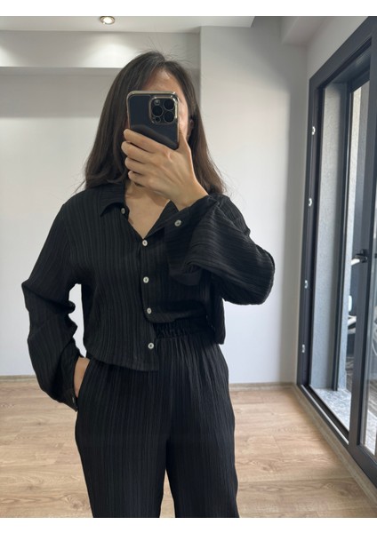 Siyah, Pantolon Beli Lastikli, Uzun Kollu Düğmeli Crop Gömlek Pantolon Takım