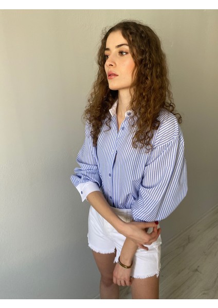 Mavi Çizgili Poplin Kumaş Oversize Kadın Gömlek