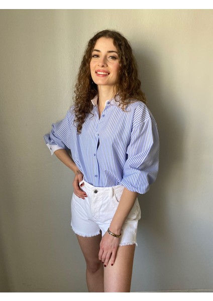 Mavi Çizgili Poplin Kumaş Oversize Kadın Gömlek fiyatları