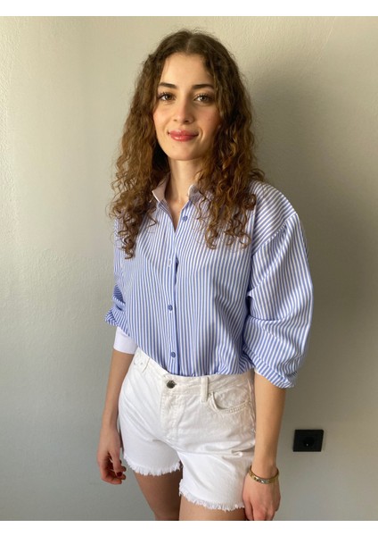 Mavi Çizgili Poplin Kumaş Oversize Kadın Gömlek modelleri