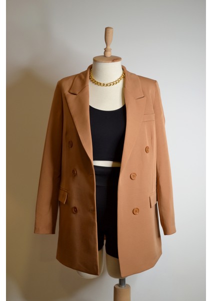 Kadın Dökümlü Oversize Kruvaze Blazer Ceket Kahverengi Düğmeli Uzun Camel