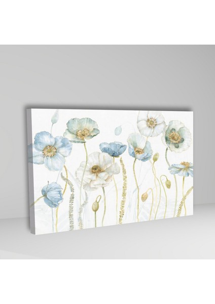 Tekli Yatay Kanvas Duvar Tablosu Soft Mavi Sarı Çiçekler