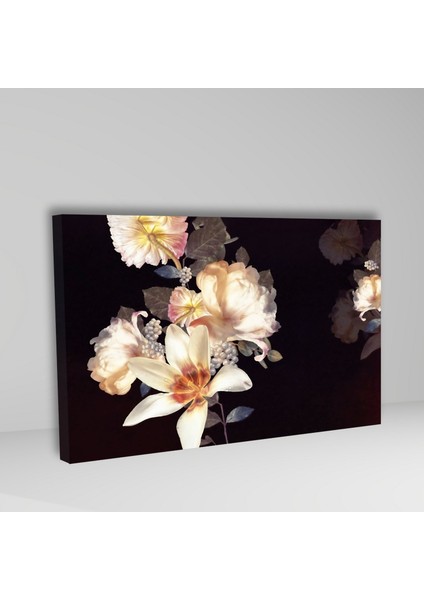 Tekli Yatay Kanvas Duvar Tablosu Siyah Fonda Açık Renk Çiçek