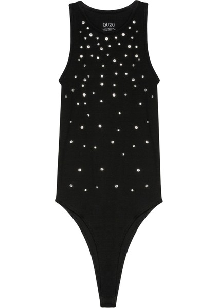 Taş Aksesuarlı Halter Yaka Bodysuit Siyah