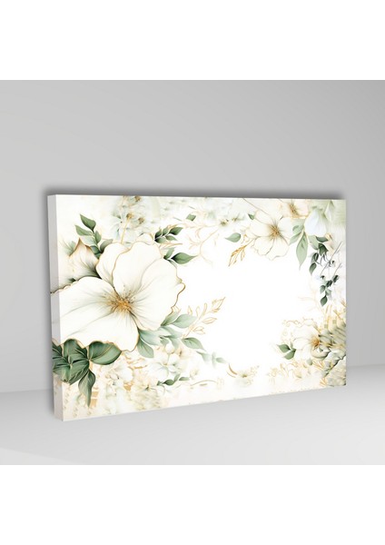 Tekli Yatay Kanvas Duvar Tablosu Yeşil Sarı Beyaz Çiçekler