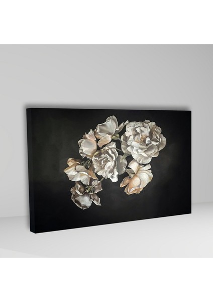 Tekli Yatay Kanvas Duvar Tablosu Siyah Fonda Gri Güller