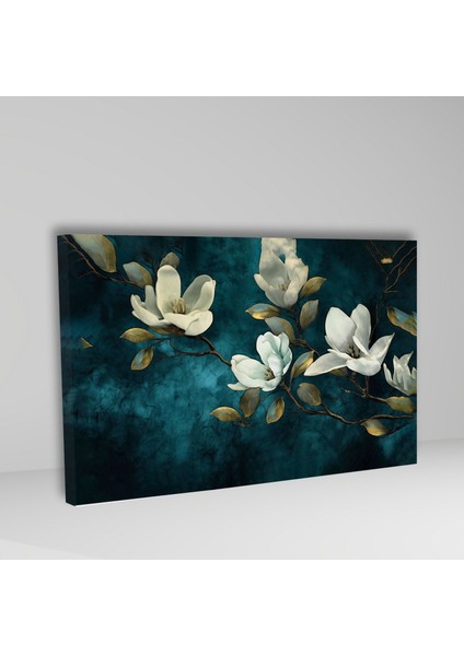 Tekli Yatay Kanvas Duvar Tablosu Koyu Mavi Fonda Beyaz Çiçek