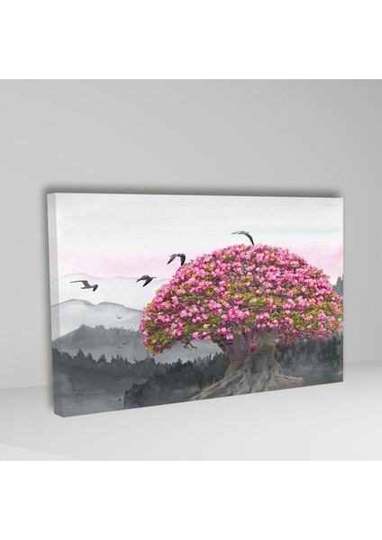 Tekli Yatay Kanvas Duvar Tablosu Pembe Çiçekli Ağaç Ve Kuşlar