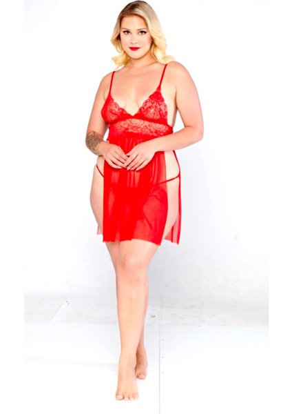 Derin Yırtmaçlı Kadın Kırmızı Çok Rahat Seeksi Gecelik 3xl
