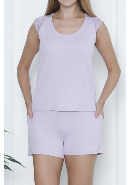 Kadın Şortlu Pijama Takımı Dantelli Sıfır Kol Likrali Cepli Kaşkorse Lila