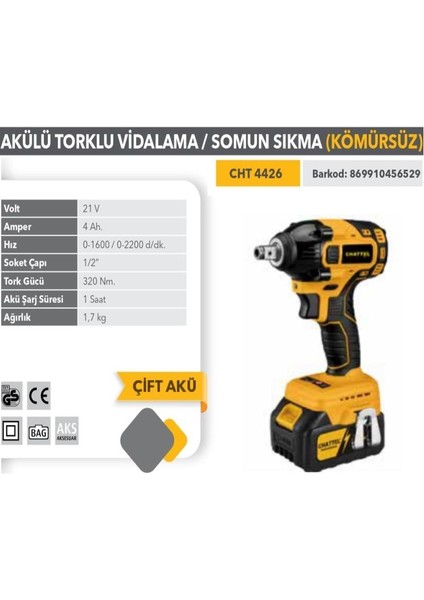 Profesyonel 21V Akülü Darbeli Somun Sökme 1/2" Kömürsüz Motor CHT4426