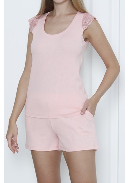 Kadın Şortlu Pijama Takımı Dantelli Sıfır Kol Likrali Cepli Kaşkorse Açık Somon