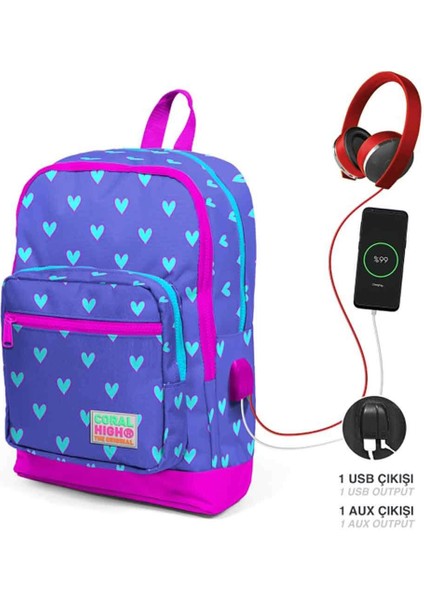 Kids Kalp Desenli Lavanta Pembe USB Şarjlı Kulaklık Çıkışlı Okul Sırt Çantası 23806 fiyatları
