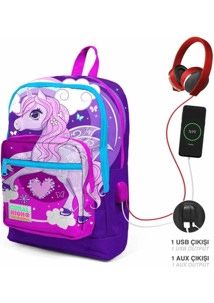 Kids Dört Bölmeli Mor Pembe Ünicorn Desenli Ilkokul Çantası USB Şarjlı Kulaklık Çıkışlı 23808 fiyatları