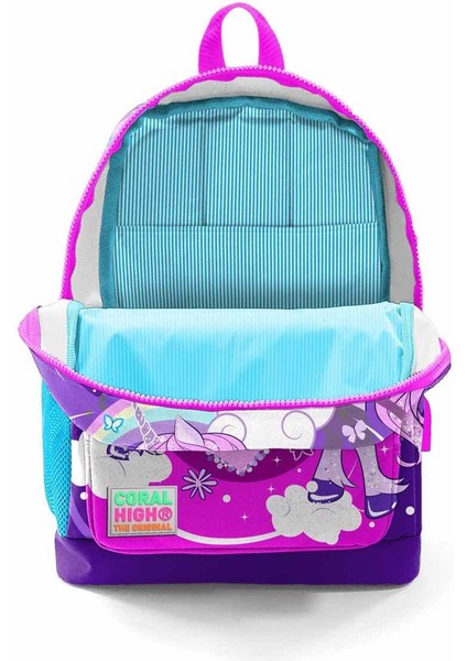 Kids Dört Bölmeli Mor Pembe Ünicorn Desenli Ilkokul Çantası USB Şarjlı Kulaklık Çıkışlı 23808