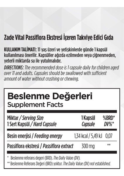 Zade Vital Passiflora Ekstresi 30 Bitkisel Kapsül