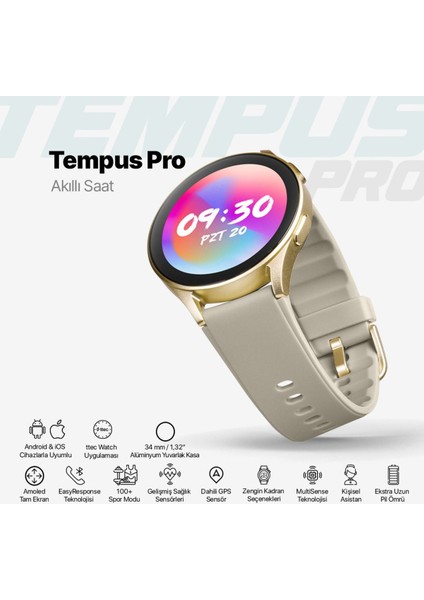 Bej Tempus Pro 34MM Amoled Ekranlı Yuvarlak Alüminyum Kasa Akıllı Saat  200-300 Mah Bej Resmi Di