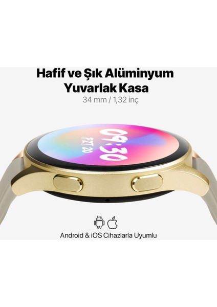 Bej Tempus Pro 34MM Amoled Ekranlı Yuvarlak Alüminyum Kasa Akıllı Saat  200-300 Mah Bej Resmi Di