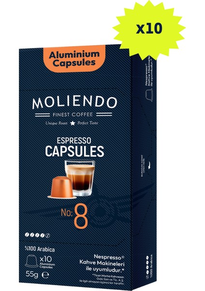 Moliendo Finest Coffee Moliendo Alüminyum Kapsül Kahve No:8 Avantaj Paketi 100 Adet (Nespresso Uyumlu Alüminyum Kapsül)