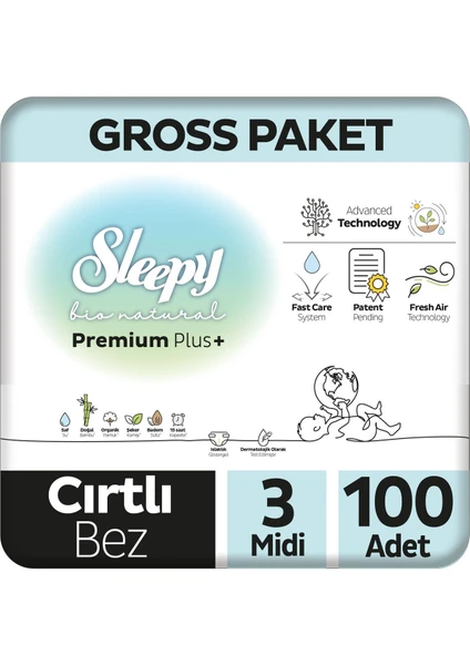 Bio Natural Premium Plus Gross Paket Bebek Bezi 3 Numara Midi 100 Adet