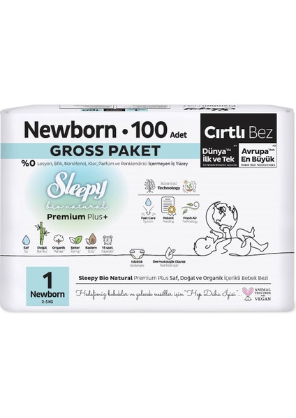 Bio Natural Premium Plus Gross Paket Bebek Bezi 1 Numara Newborn 100 Adet