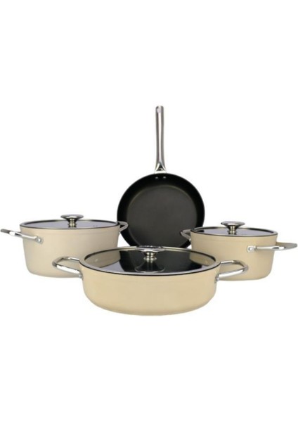 Royal 7 Parça Metal Kulplu Döküm Tencere Seti Krem