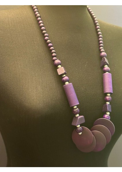 Mor Bambu Boncuklu Tasarım Kadın Kolye Boy 34 cm