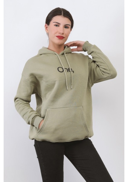 Haki Yeşil Kadın Oversize Kapüşonlu Sweatshirt Üç İplik Kanguru Cepli Baskılı Hoodie - 25104