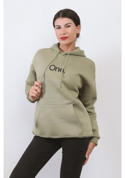 Haki Yeşil Kadın Oversize Kapüşonlu Sweatshirt Üç İplik Kanguru Cepli Baskılı Hoodie - 25104