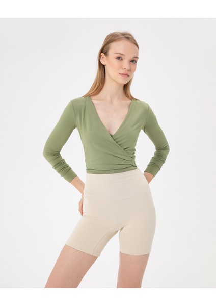 Yeşil Anvelop Belden Bağlamalı Crop Bluz