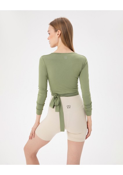 Yeşil Anvelop Belden Bağlamalı Crop Bluz