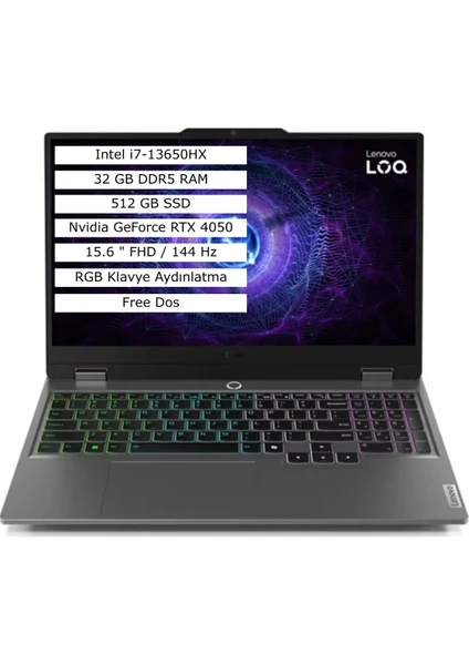 Loq 15IRX9 Intel Core I7 13650HX 32GB 512GB SSD 6gb RTX4050 Freedos 15.6" Fhd Taşınabilir Bilgisayar 83DV00G7TR03