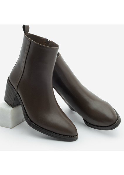 Kadın Topuklu Bot Sivri Burun Fermuarlı Cerin Kahve